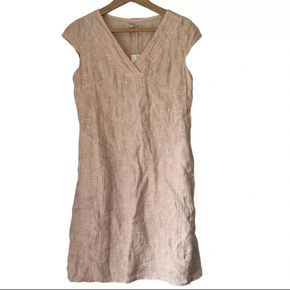 Lina Tomei Linen Dress Small- NWOT Rose Pink Embroidered Sequins Pockets… - Picture 1 of 6